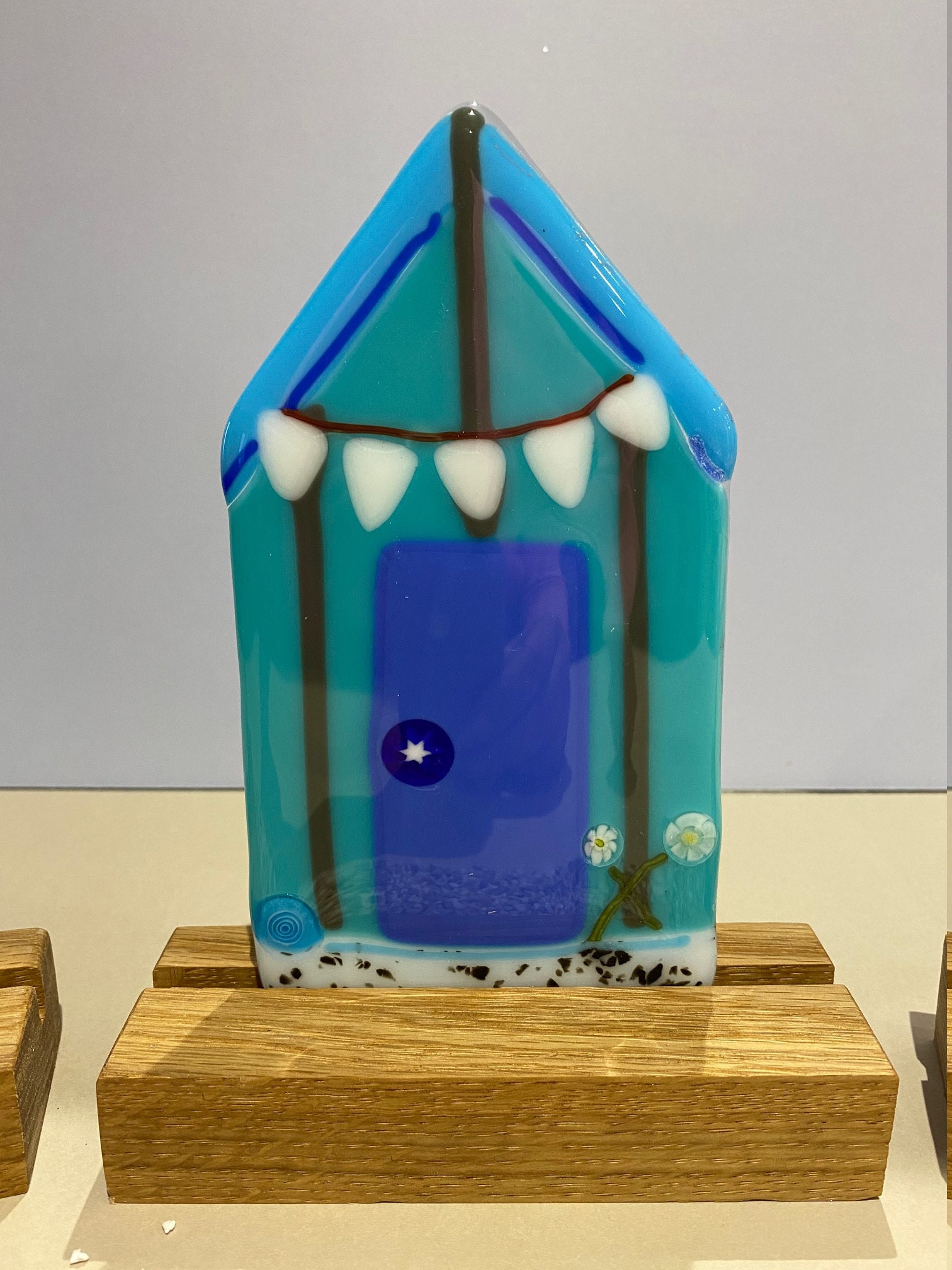 Fused Glass Beach Huts With Oak Wood Stand Etsy UK
