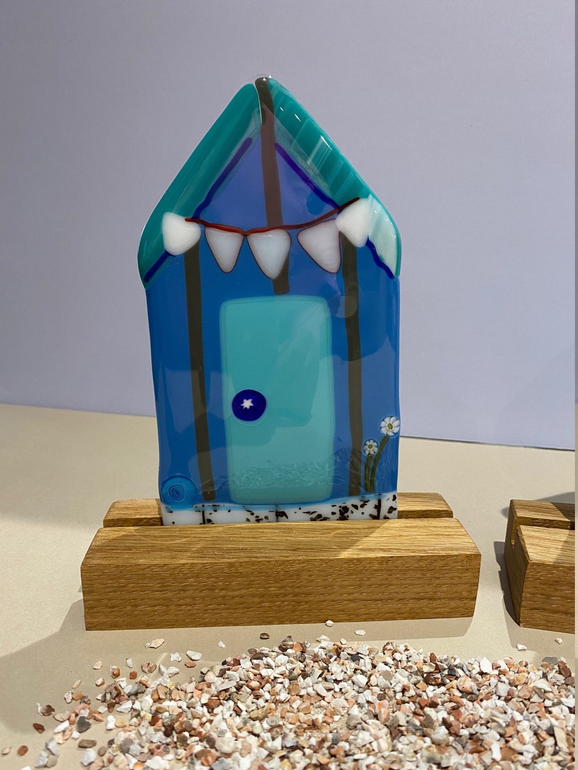 Fused Glass Beach Huts With Oak Wood Stand Etsy UK