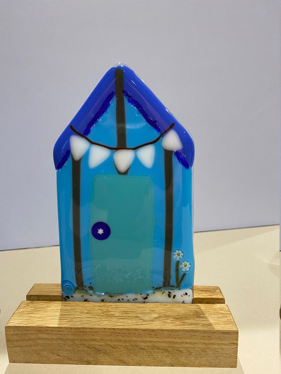 Fused Glass Beach Huts With Oak Wood Stand Etsy UK