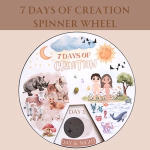 Pu&ograve; includere: Una ruota girevole illustrata e colorata con il testo "7 Days of Creation" e "Day 1" su di essa. La ruota &egrave; divisa in sezioni, ciascuna raffigurante un giorno diverso della creazione, tra cui il sole, la luna, le stelle, gli animali e gli umani.