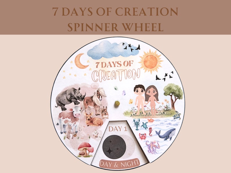 Pu&ograve; includere: Una ruota girevole illustrata e colorata con il testo "7 Days of Creation" e "Day 1" su di essa. La ruota &egrave; divisa in sezioni, ciascuna raffigurante un giorno diverso della creazione, tra cui il sole, la luna, le stelle, gli animali e gli umani.