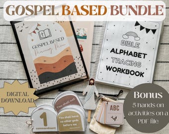 Gospel Based Bundle Digital Download Morning Menu ABC Bible Cards 10 Commandments Booklet Alphabet Workbook Biblical Homeschool Kindergarten