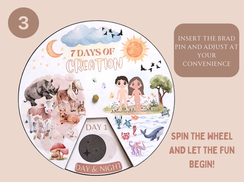 Pu&ograve; includere: Una ruota girevole illustrata e colorata su sfondo bianco. La ruota presenta una rappresentazione dei sette giorni della creazione, inclusi animali, piante e umani. La ruota &egrave; etichettata "7 Days of Creation" e ha una sezione etichettata "Day 1" e "Day & Night".