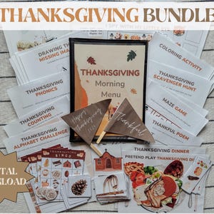 May include: A collection of Thanksgiving-themed printables, including a morning menu, coloring activities, a scavenger hunt, and a bingo game. The bundle features the text "Thanksgiving Bundle" and "Digital Download."