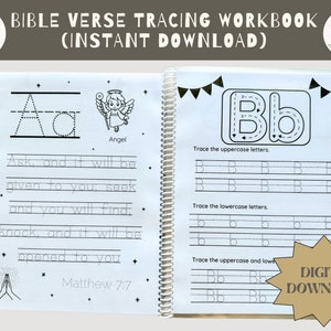 Può includere: Un quaderno di lavoro stampabile in bianco e nero con attività di tracciamento per le lettere A e B. Il quaderno include un versetto biblico: "Chiedete e vi sarà dato; cercate e troverete; bussate e vi sarà aperto." Matteo 7:7. Il quaderno è un download digitale.