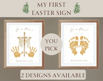My First Easter Sign, Personalized Printable Baby Foot and Hand Art, He is Risen Craft, Sunday School Easter Craft, He is Risen Printable