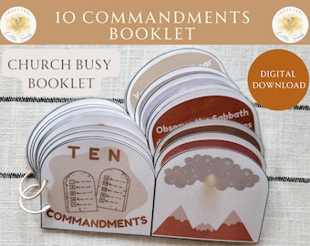 May include: A printable church busy booklet for kids featuring the Ten Commandments. The booklet is illustrated with a brown and white image of the Ten Commandments on stone tablets and a brown and white image of a mountain with a cloud and sun.