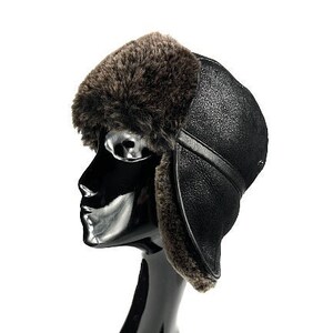 Black Sheepskin Fur Trapper Hat - Winter Aviator Cap