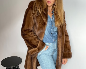 Vintage Mink Fur Coat for Women | Authentic Lithuanian Natural Brown Fur | Oversized XL Luxury Winter Coat