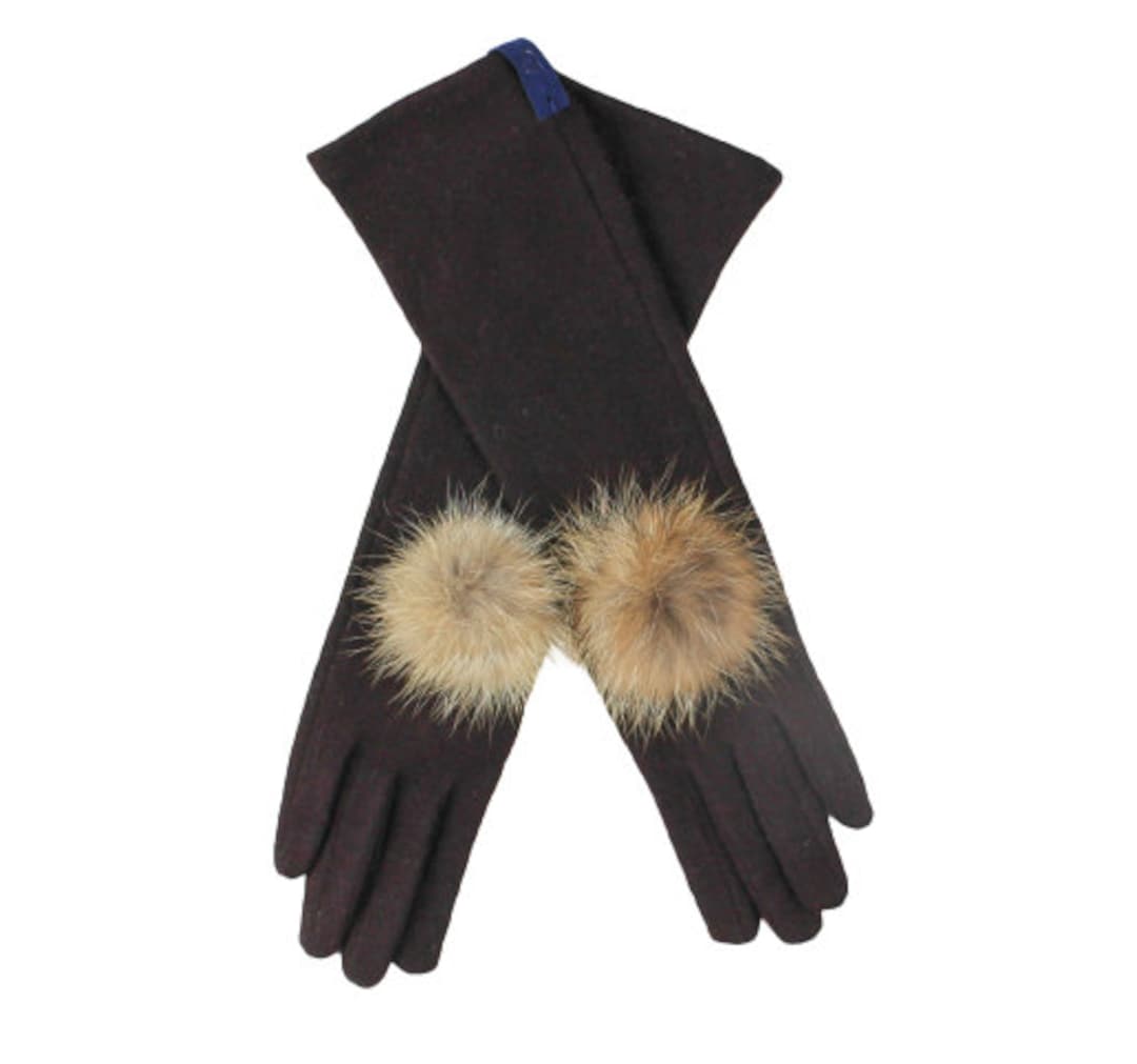 Luxury Dark Brown Wool Gloves With Natural Fox Fur Etsy