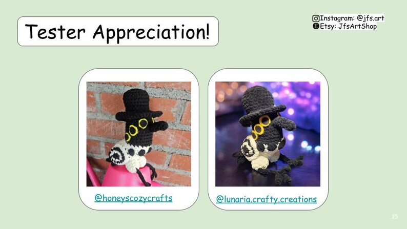 Peut inclure: L'image pr&eacute;sente deux figurines au crochet, chacune portant un chapeau haut de forme noir avec des accents jaunes. Les figurines ont des corps noirs et blancs et sont affich&eacute;es devant un mur de briques et une surface sombre. Le texte "Tester Appreciation!" est en haut.