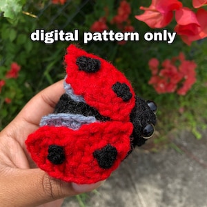 Puede incluir: Un juguete amigurumi de mariquita tejido a crochet con detalles rojos y negros. La mariquita está en posición enroscada con las alas plegadas. El juguete se sostiene en una mano.