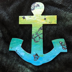 Green/Blue Hand Painted Wooden Anchor | Butterfly Wall Decor