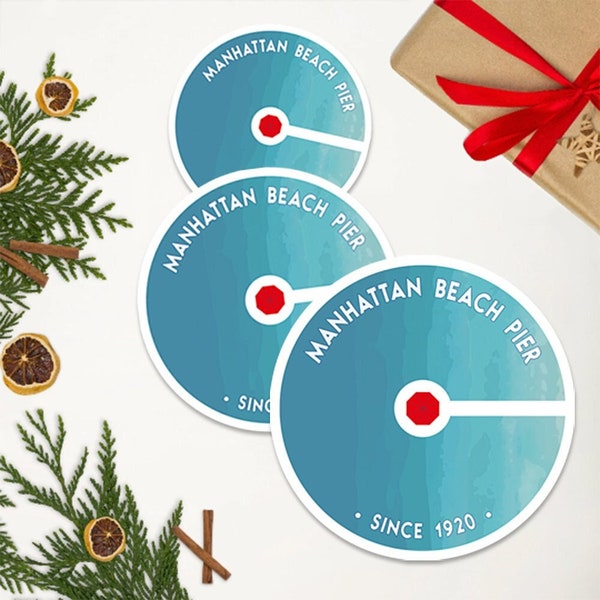 Manhattan Beach Pier Sticker - Pier Artwork, round vinyl stickers, Manhattan Beach gift, gift for kids