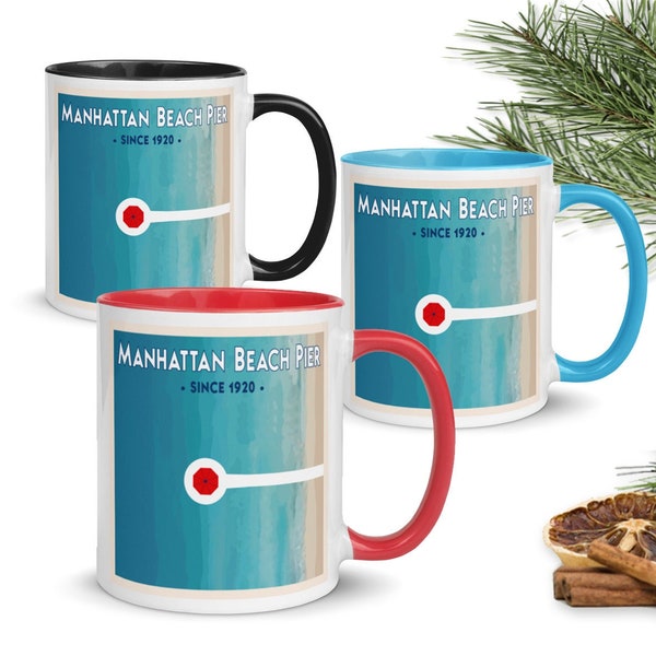 Manhattan Beach Pier Mug, ceramic mug with red, blue or black interior