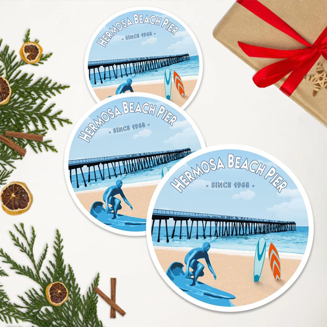 Hermosa Beach Pier Sticker - Pier Artwork, Round Vinyl Stickers ...