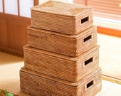 Rattan Woven Ottoman Basket with Lid, Storage Basket with Handles for Home Organizer, Housewarming Gifts
