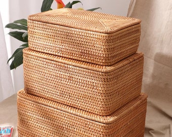 Rustic Woven Rattan Basket with Lid, Storage Basket, Customize Basket