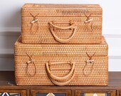 Rustic Woven Suitcase Box, Rattan Storage basket with Handle for Travel, Picnic Basket