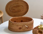 Rustic Rattan Basket with Lid for storage, Jewelry Basket, Table Top Storage Box, Storage Basket with Holder
