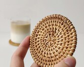 set of 6pcs Rustic Woven Rattan Coaster with Basket for coffee Coaster Housewarming Gifts Fringe Placements, Handwoven Placements