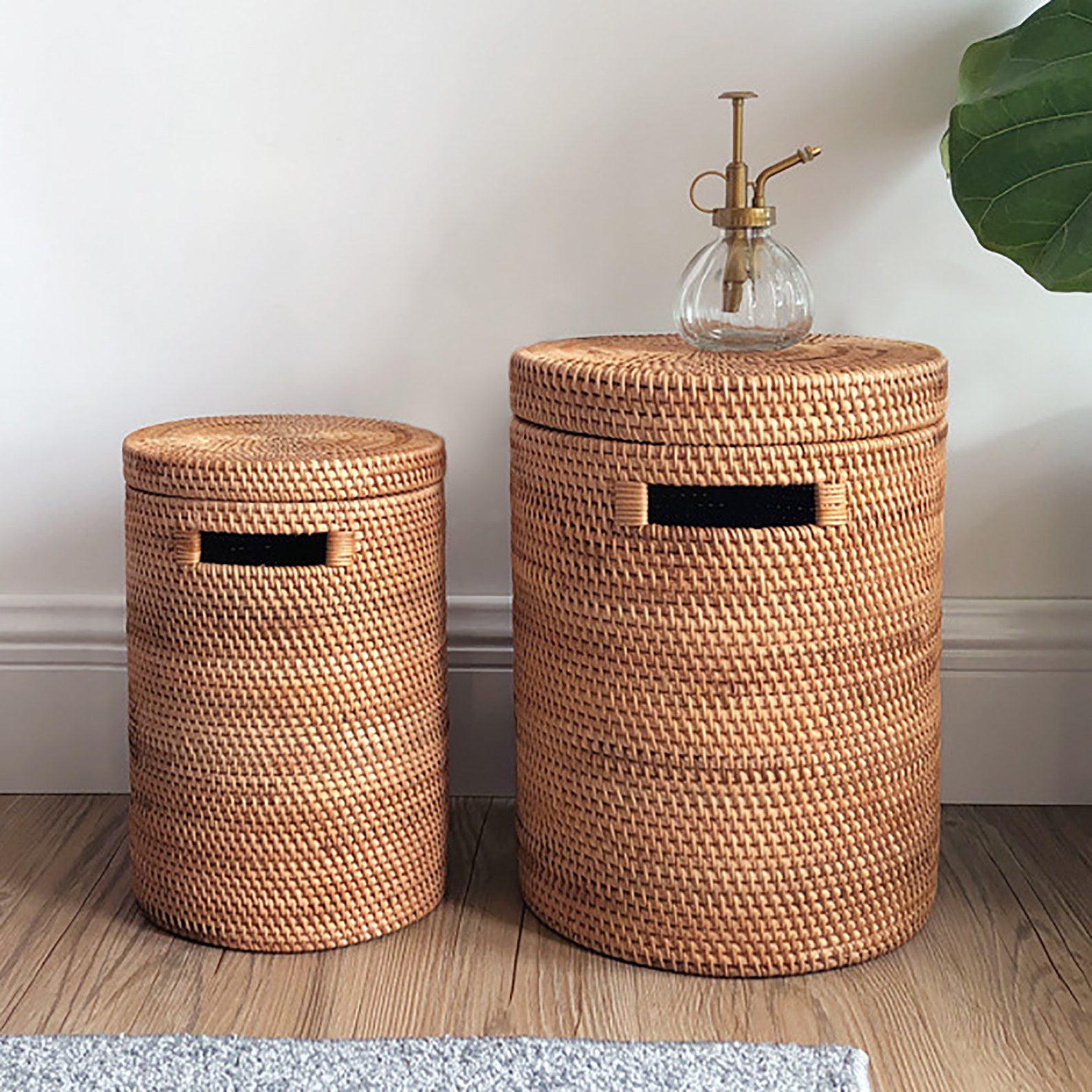 Woven Basket With Lid, Nursery Laundry Basket: Handwoven Rattan Storage Container For Sundries, Babysbreath Flowerpot, And Decorative Laundry