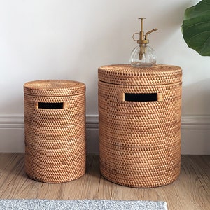 Rustic Wicker Basket with Lid | Rattan Storage Bin,  Rattan Laundry Basket