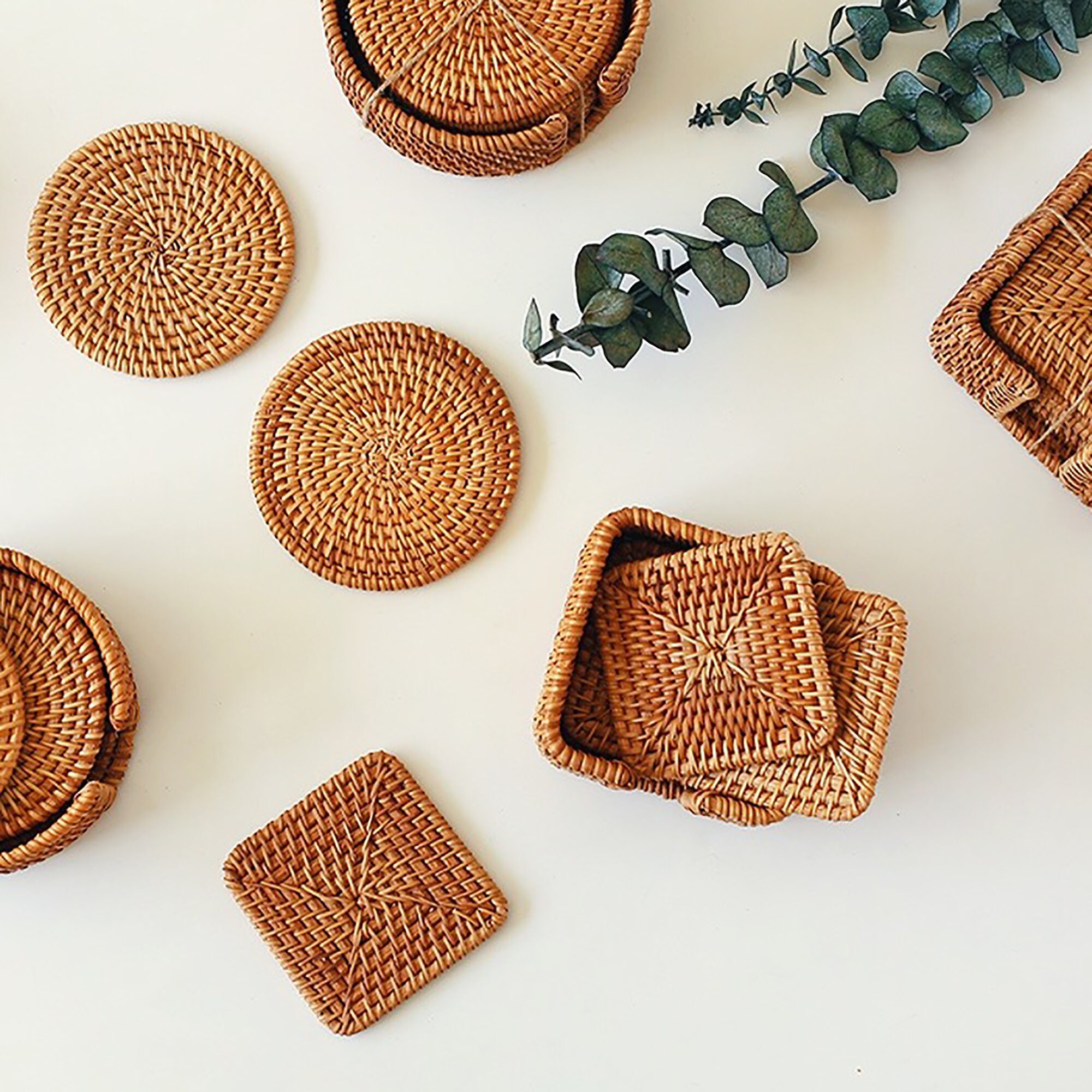 3.15 Woven Coasters Set Rattan Square Coasters With Holder Etsy