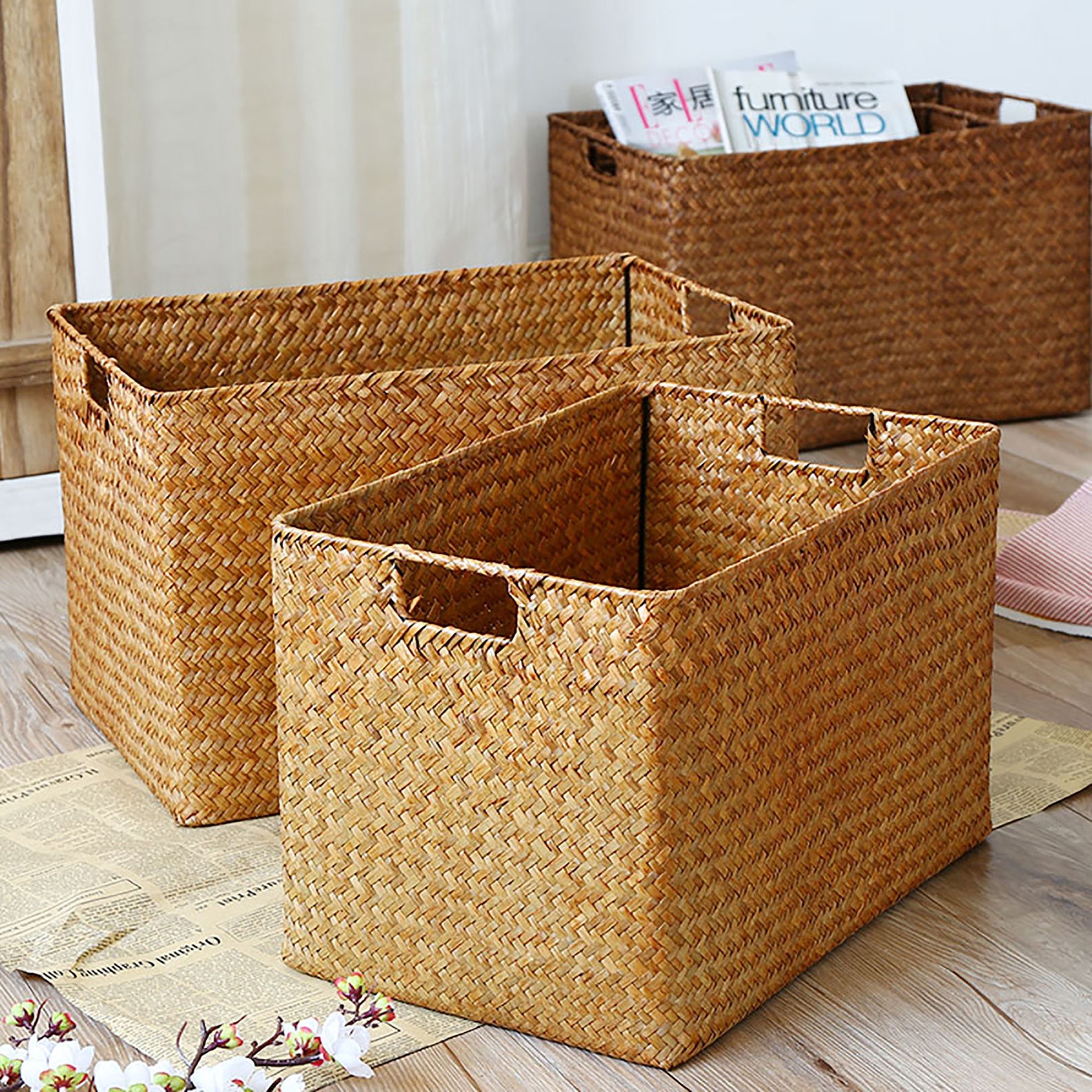 Straw Storage Basket With Handles Seagrass Woven Basket Etsy