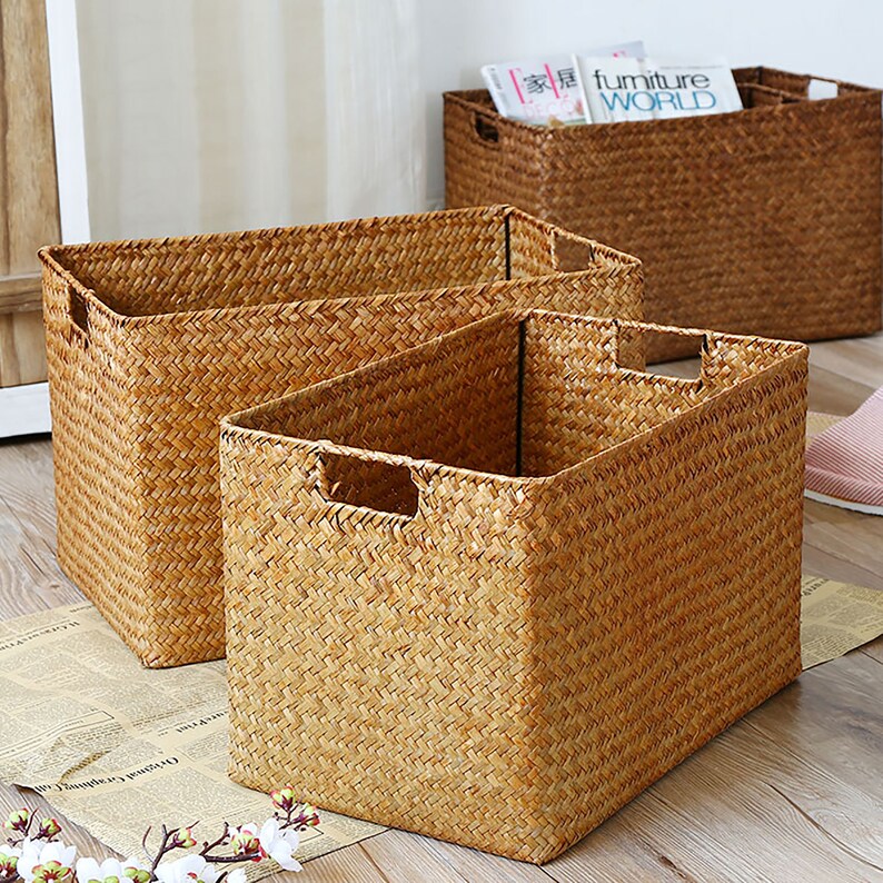 Straw Storage Basket With Handles Seagrass Woven Basket Etsy