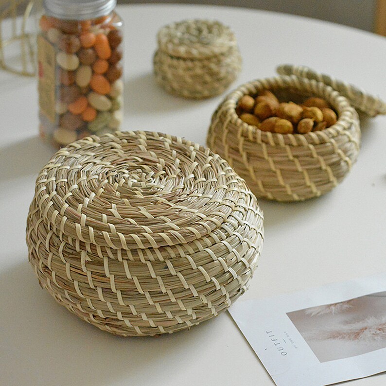 Rustic Mini Grass Basket With Lid Set of 3pcs Mini Jewelry Etsy