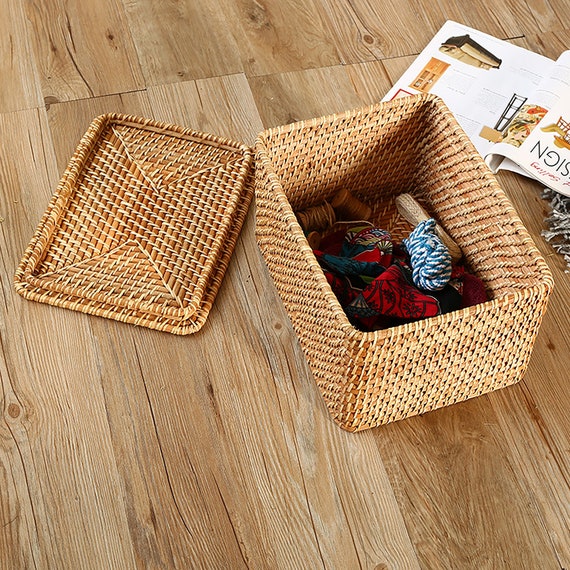 Rustic Woven Rattan Basket With Lid Rattan Storage Basket Etsy UK