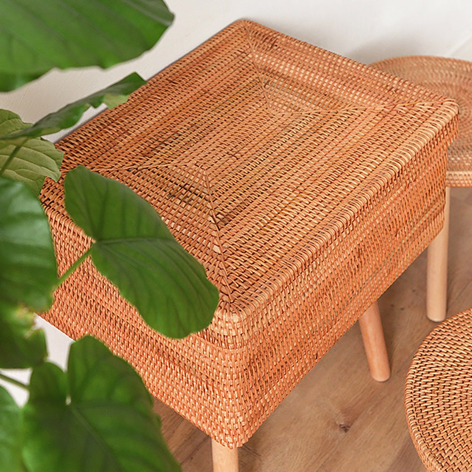 Rustic Side Table Rattan Coffee Table With Wooden Legs Knock Etsy