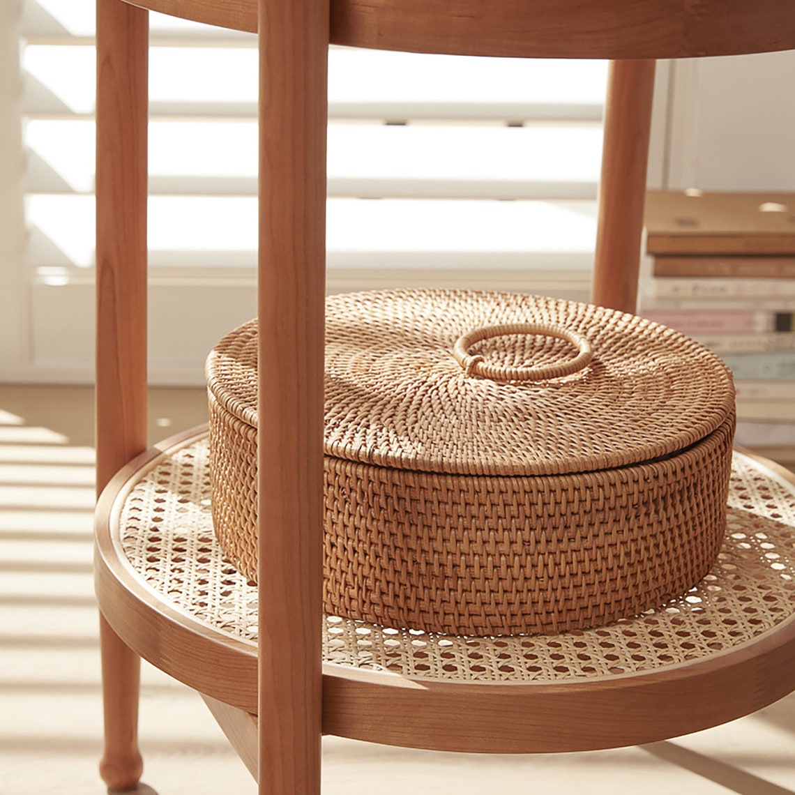 Round Rattan Basket with Lid Jewelry Basket Fruit Storage Etsy