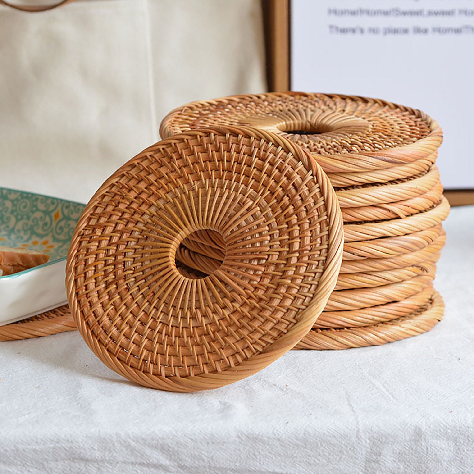 Woven Coasters Set of 4pcs Rattan Coasters with Holder for Etsy