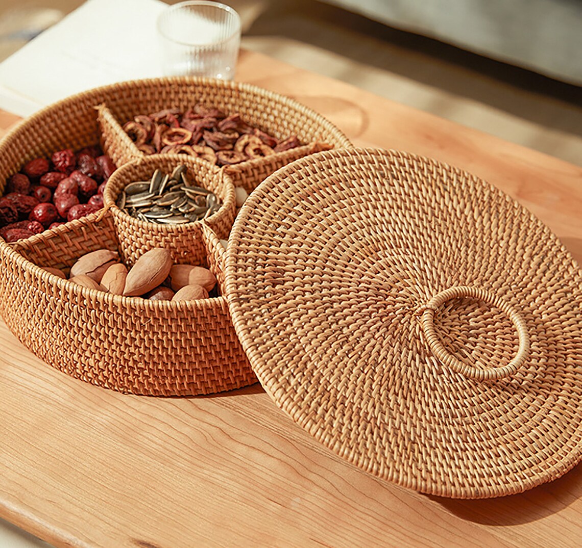 Round Rattan Basket with Lid Jewelry Basket Fruit Storage Etsy
