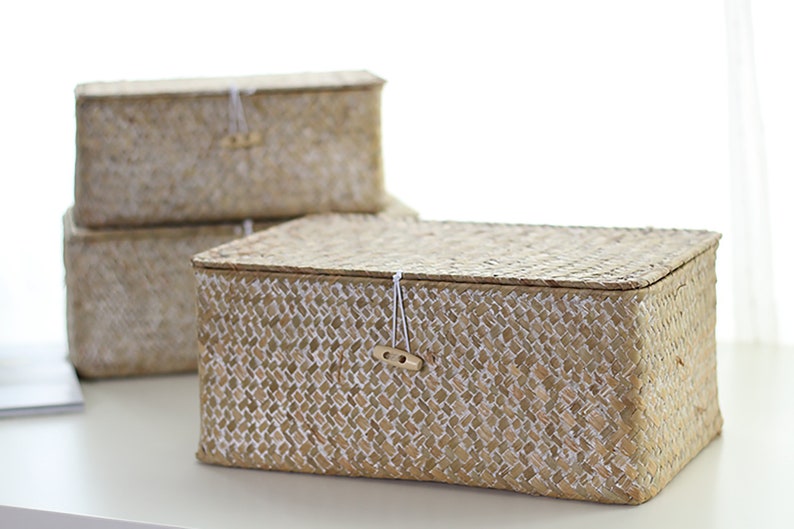 Woven Seagrass Basket With Lid White Wash Basket Easter Etsy