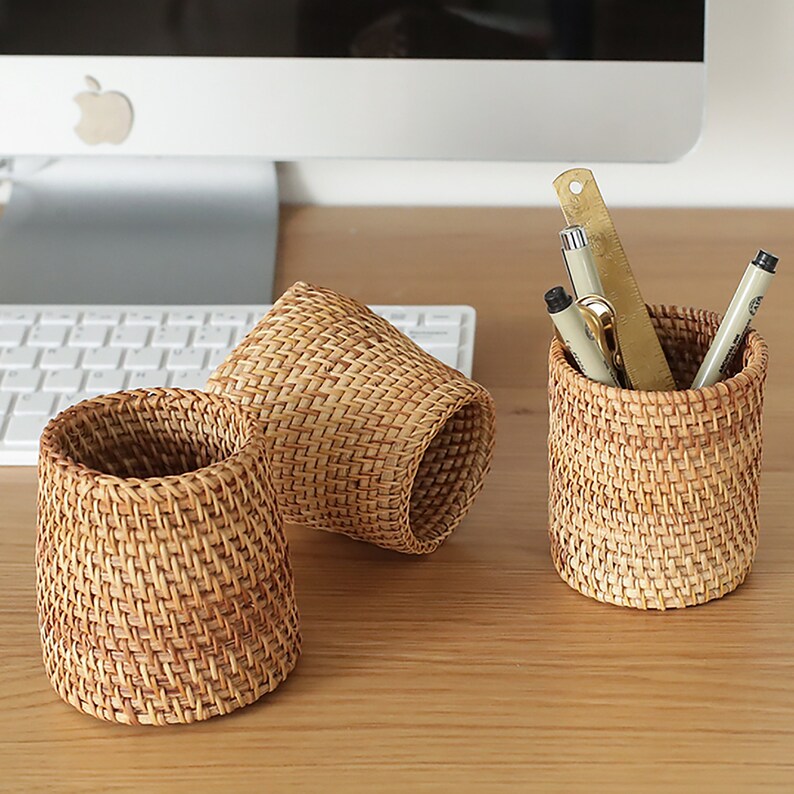 Rustic Woven Rattan Pencil Holder Small Basket Pen Holder Etsy