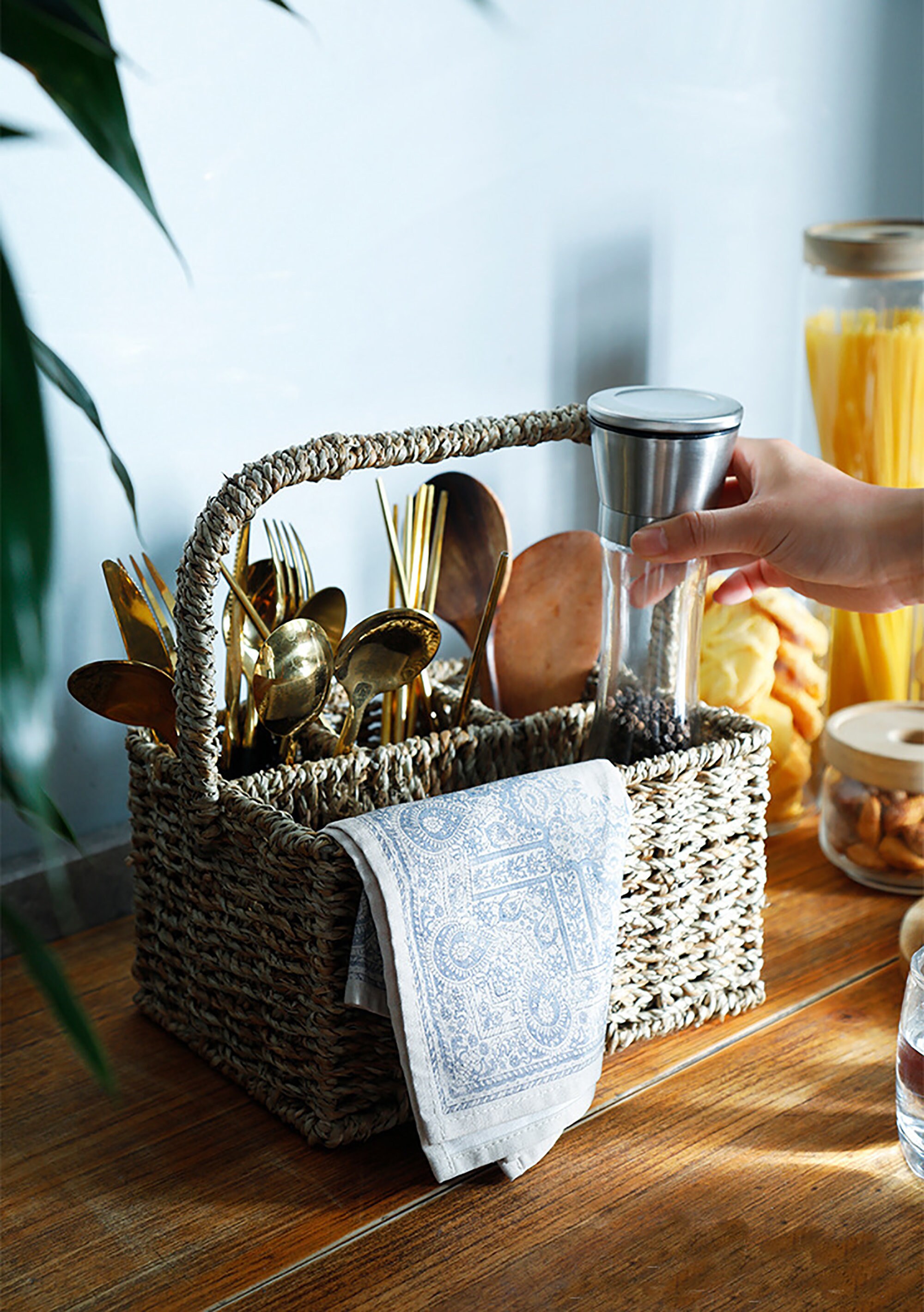 Seagrass Woven Utensil Caddy With Divider for Picnic Storage Etsy