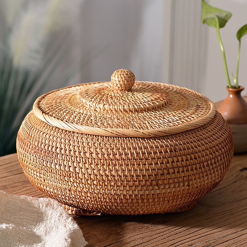 Round Ottoman Basket With Lid Rattan Basket With Lid for Home Etsy