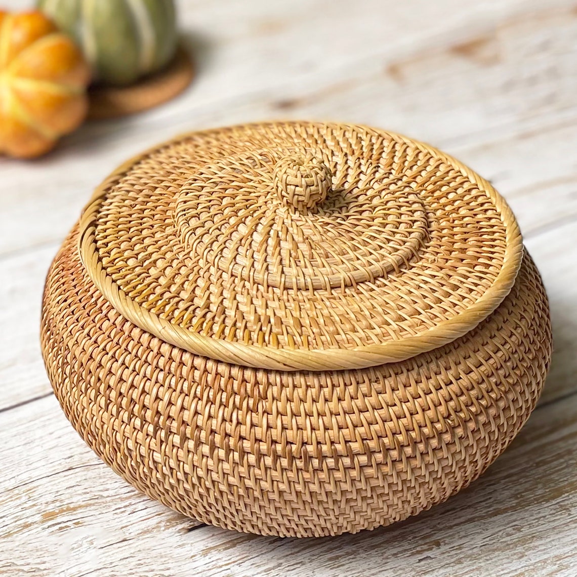 Round Woven Basket with Lid Rattan Basket with Lid for Home Etsy