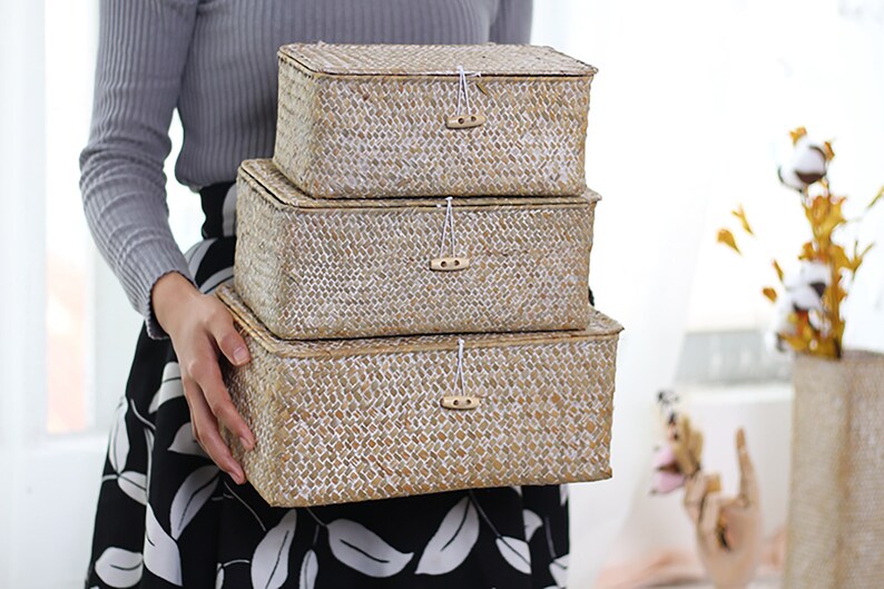 Woven Seagrass Basket With Lid White Wash Basket Easter Etsy