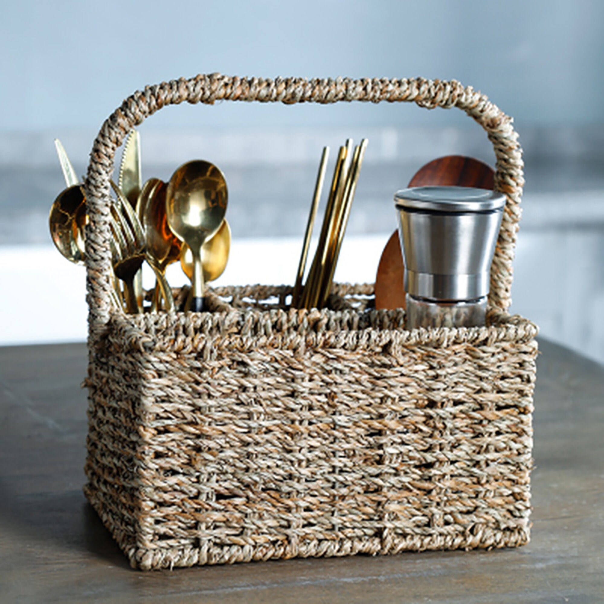 Seagrass Woven Utensil Caddy With Divider for Picnic Storage Etsy