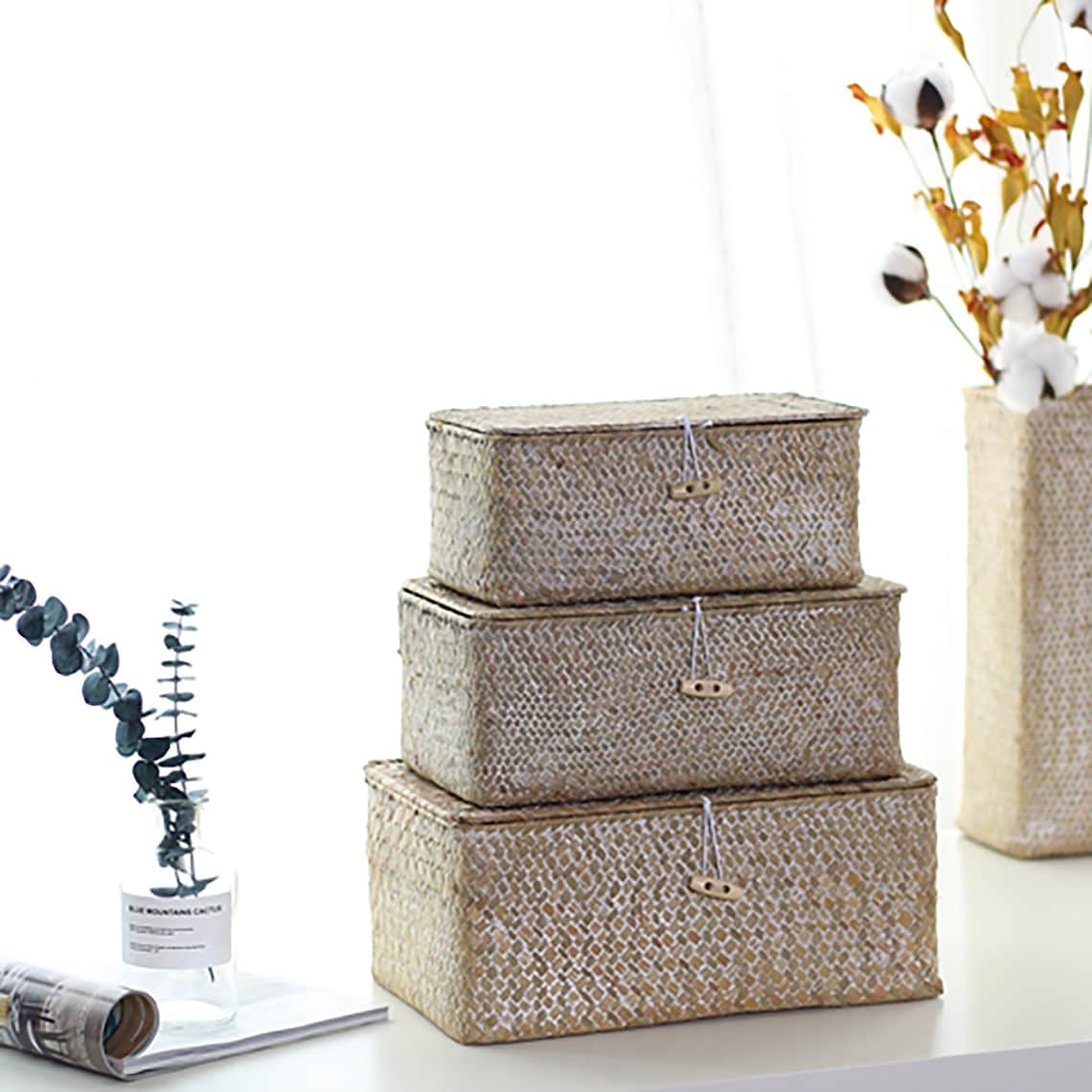 Woven Seagrass Basket with Lid White Wash Basket Easter Etsy