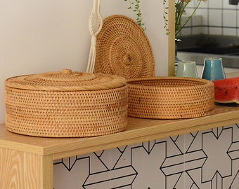 Handmade Storage Basket with Lid, Large Round Storage Box, Fruit Basket