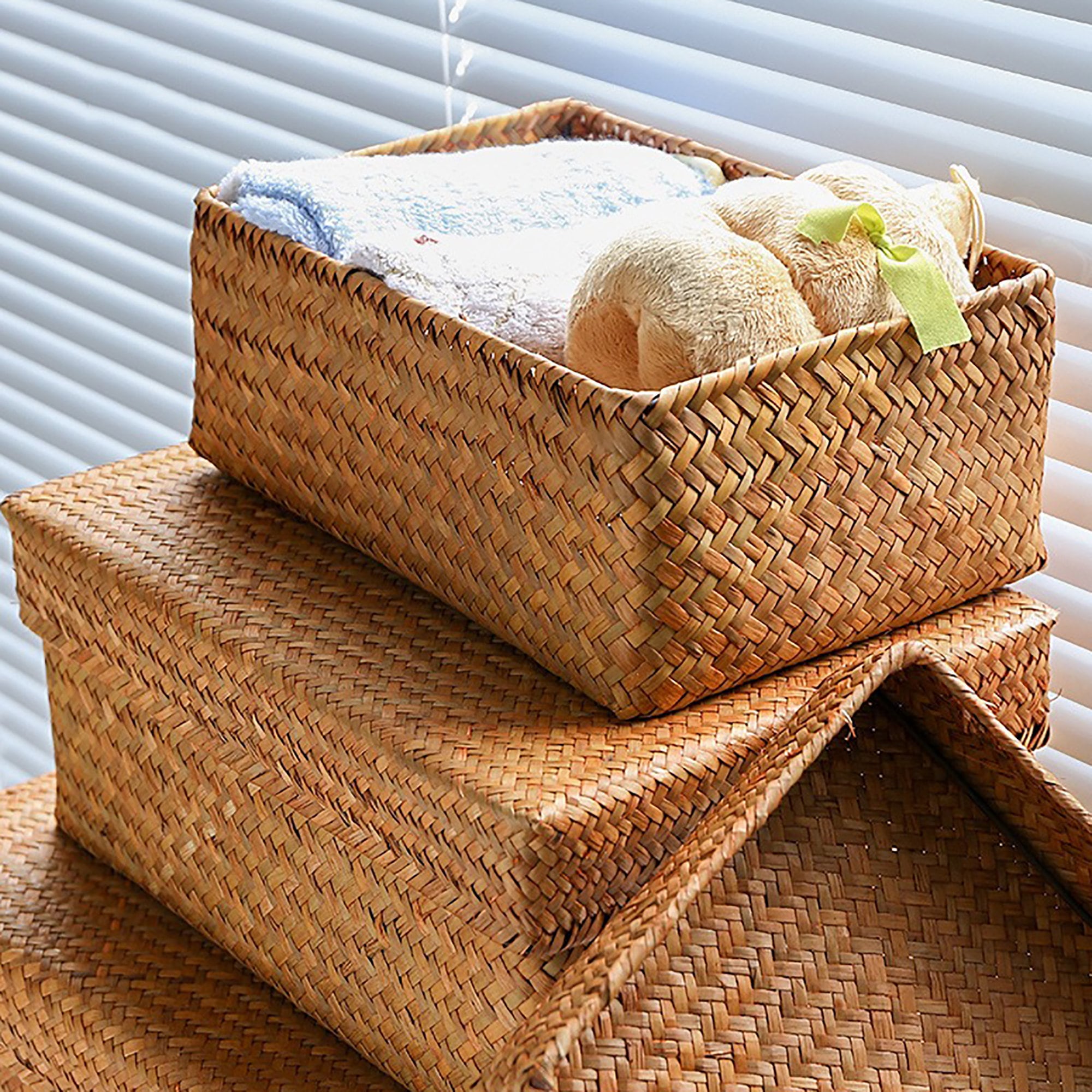 Seagrass Woven Storage Basket Woven Basket with Lid Straw Etsy