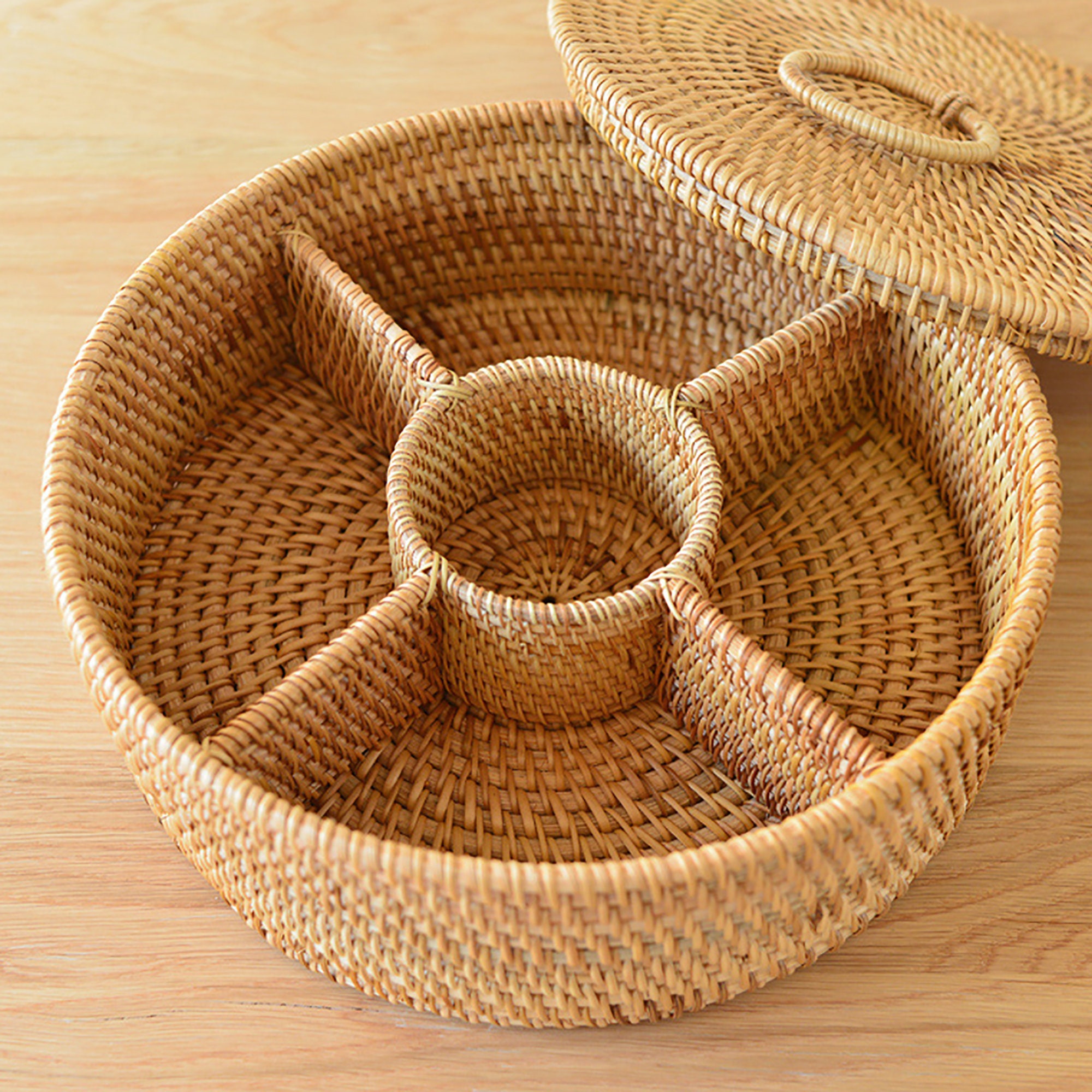 Round Rattan Basket with Lid Jewelry Basket Fruit Storage Etsy