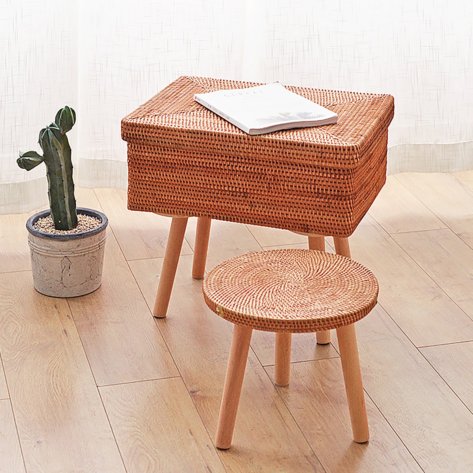 Rustic Side Table Rattan Coffee Table With Wooden Legs Knock Etsy
