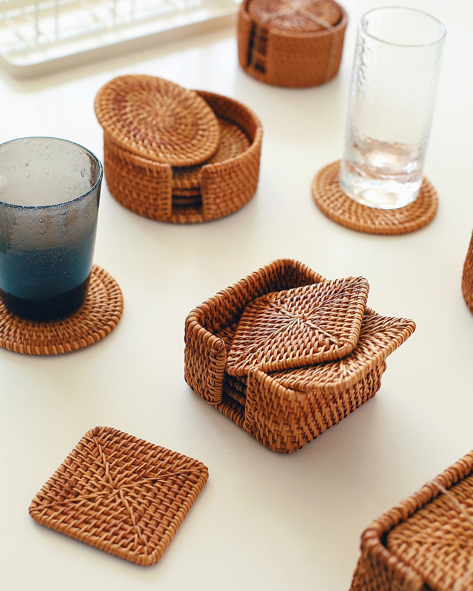 3.15 Woven Coasters Set Rattan Square Coasters With Holder Etsy