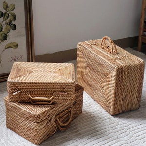 Rustic Woven Suitcase Box, Rattan Storage basket with Handle for Travel, Picnic Basket